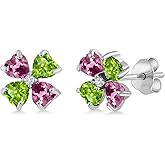 Gem Stone King 925 Sterling Silver Pink Tourmaline Green Peridot and White Lab Grown Diamond Earrings For Women | 2.15 Cttw | Gemstone October Birthstone | Heart Shape 4MM