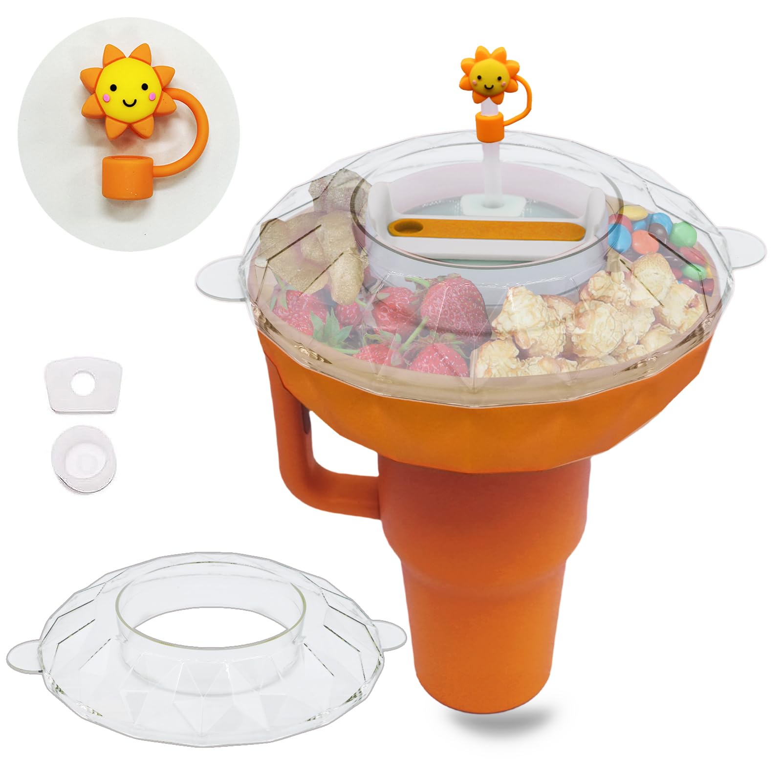 Snack Tray with Lid for Stanley Cup 40 oz, Accessories for Stanley Cup, Leak Stopper, Straw Cover for Stan ley Cups 1.0/2.0, Snack Bowls with 4 Compartments for Candy Popcorn Chip For Cinema (Orange)