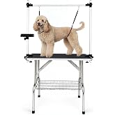 36" Foldable Dog Grooming Table, Dual Storage, Stainless Steel Frame | Foldable Design, Non-Slip Waterproof Tabletop, Adjustable H-Frame with 2 Grooming Loops