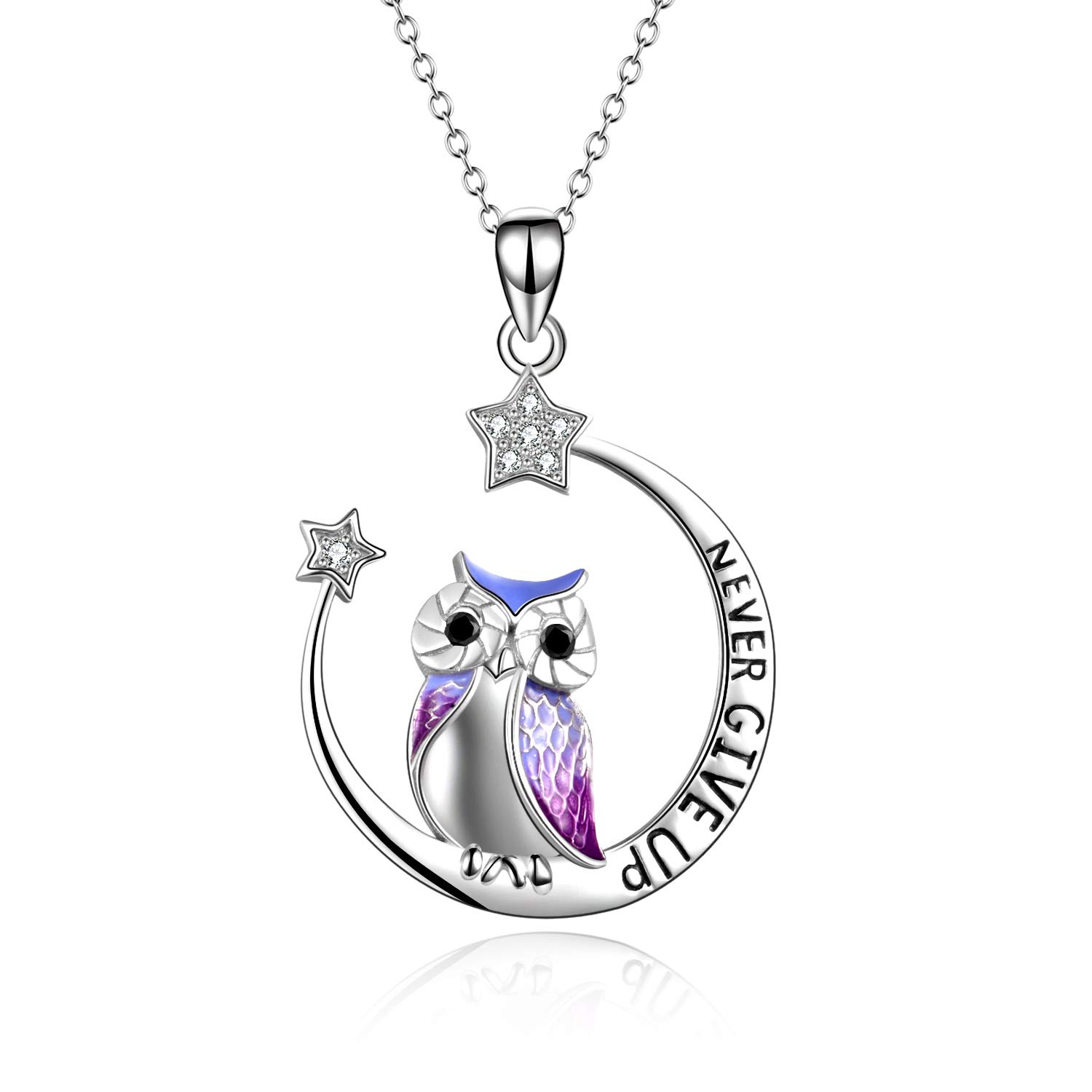 YFN Owl Pendant Necklace Jewellery Sterling Silver Gift Never Give Up Inspiration Necklace for Women Girls (Owl Moon Necklace) (Purple)