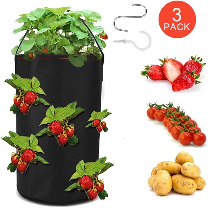JUEYAN 3Pcs Strawberry Grow Bags Nonwoven Hanging Strawberry Planter