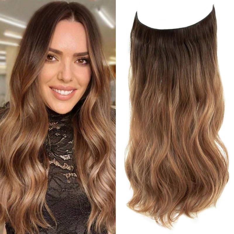 Invisible Wire Hair Extensions Hair Pieces for Women Natural Wavy Hair Extension Synthetic Hairpieces 20 Inch Caramelo with Dark Root Hair Extension (Caramelo with dark root) — image 1