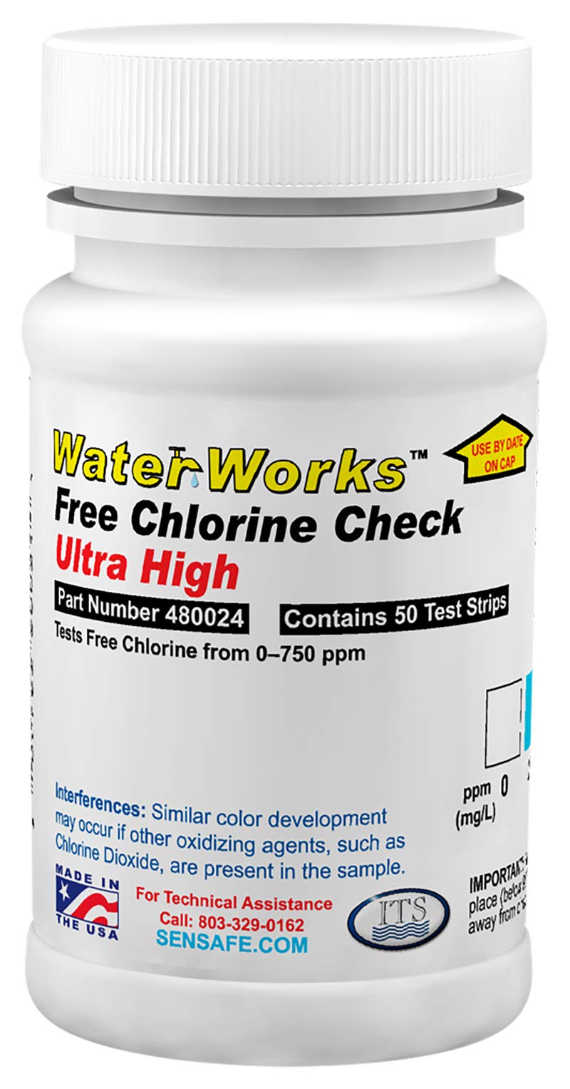 ITS Europe WaterWorks 480024 Free Chlorine Test Strip, Ultra High Range, 31 Seconds Test Time, 0-750ppm Range (Bottle of 50)