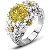 Lzz Fashion Lady 925 Sterling Silver Daisy Ring 3.5ct Citrine Cubic Zirconia Sunflower Flower Wedding Ring Size 6-10 (US code 8)
