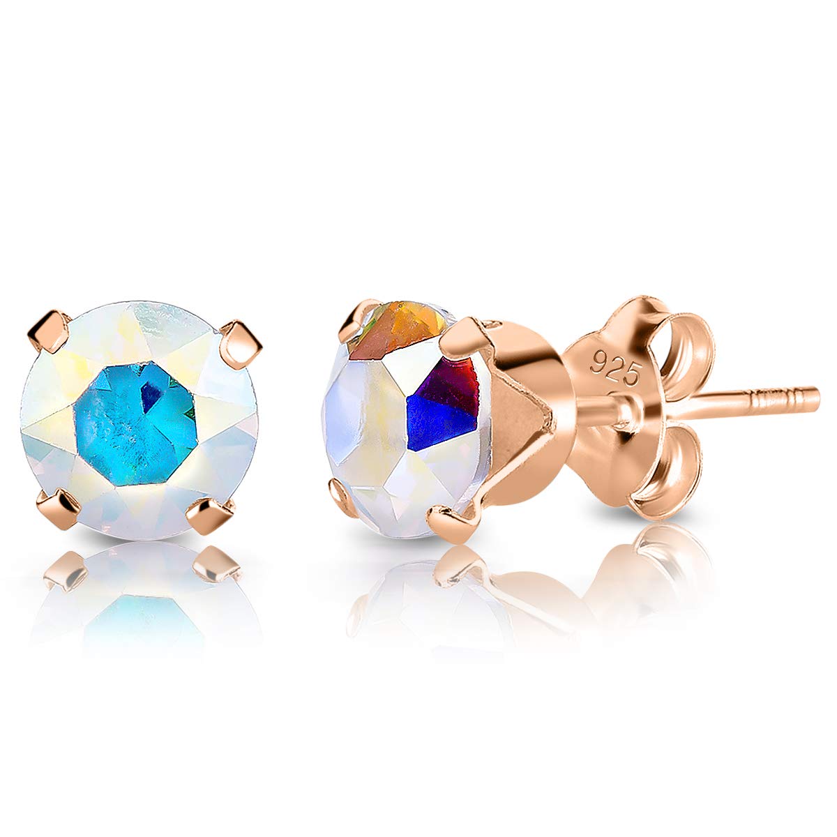 Aurora Borealis Crystal Light - Rose Gold Stud Earrings - Diamond Studs Earrings for Women - 925 Sterling Silver Stud Earrings Rose Gold Plated - Round Studs Earrings - Glittering Earrings