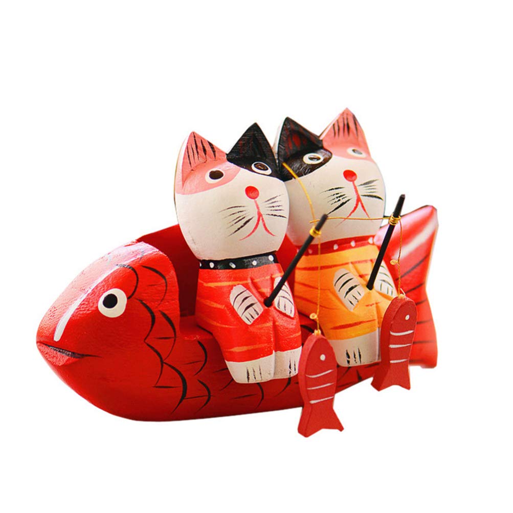 Garneck 1 Set Wooden Couple Cat Figurine Japanese Style Animals Sculpture Tabletop Romantic Ornament for Valentines Day Home Decoration
