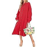 R.Vivimos Women's Long Sleeve Cotton Oversized Dress Casual Button Down Loose Slit Midi Dress with Pocket