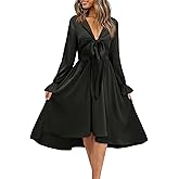 KILIG Women's Silky Satin Long Sleeve Tie Front Flowy Formal Wedding Guest Cocktail Party Evening Dresses