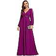 Ever-Pretty Women's V Neck Long Sleeves Floor Length Ruched Chiffon Formal Dress 00461