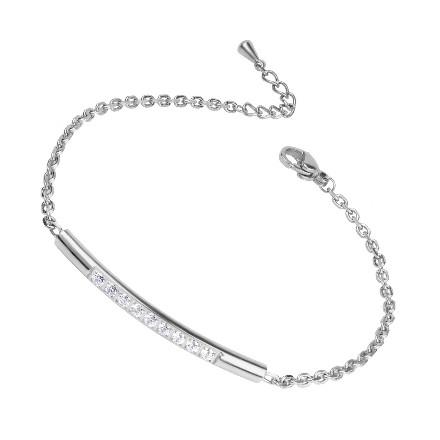 555Jewelry Womens Ladies Minimalist Sparkly CZ Cubic Zirconia Cylinder Bar Stainless Steel Adjustable Chain Bracelet Bangle Fashion Accessory Jewelry Bracelets, Silver 7.5 Inch — image 1