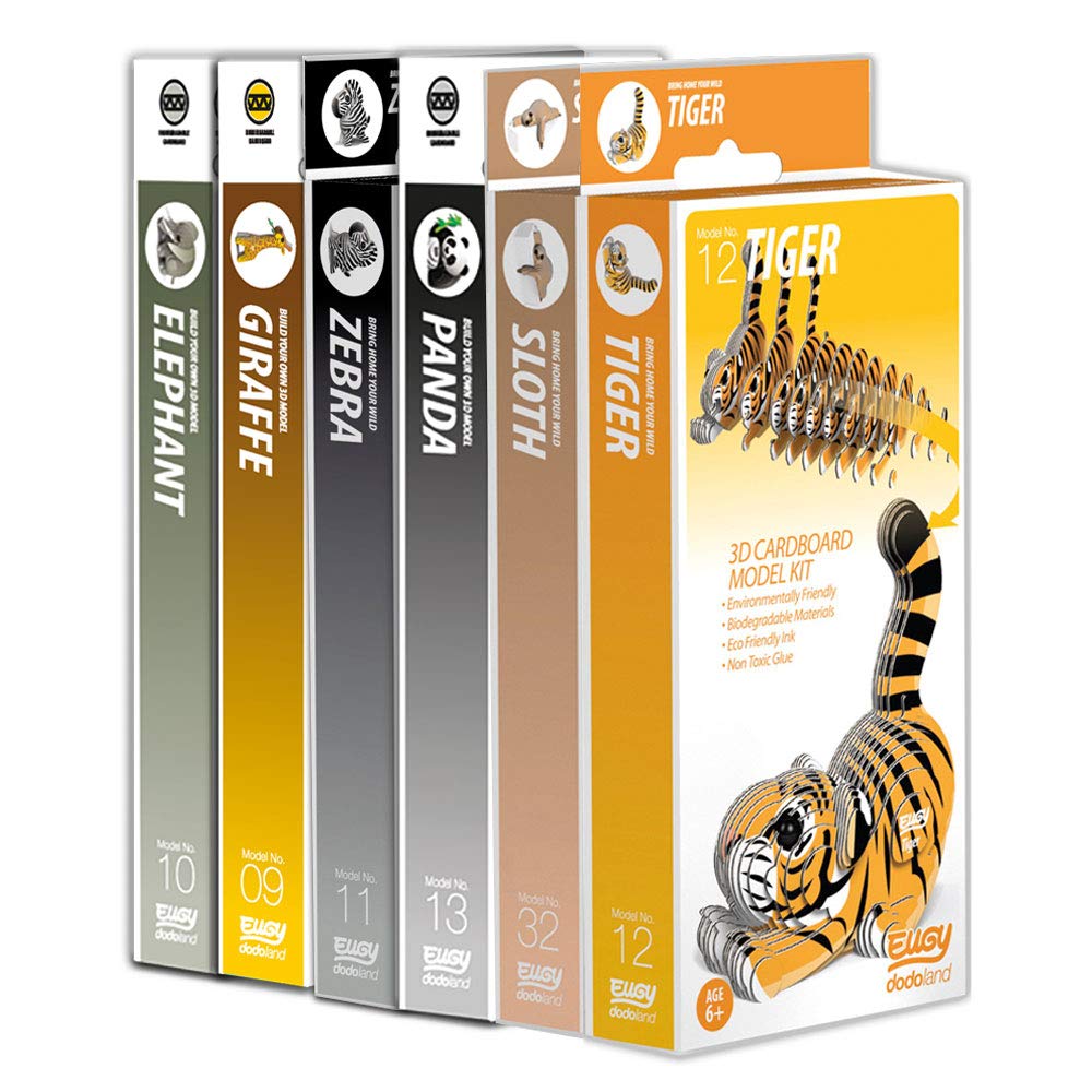 EUGY 3D Model Craft Kits Elephant, Giraffe, Zebra, Panda, Tiger & Sloth, 6 Pack