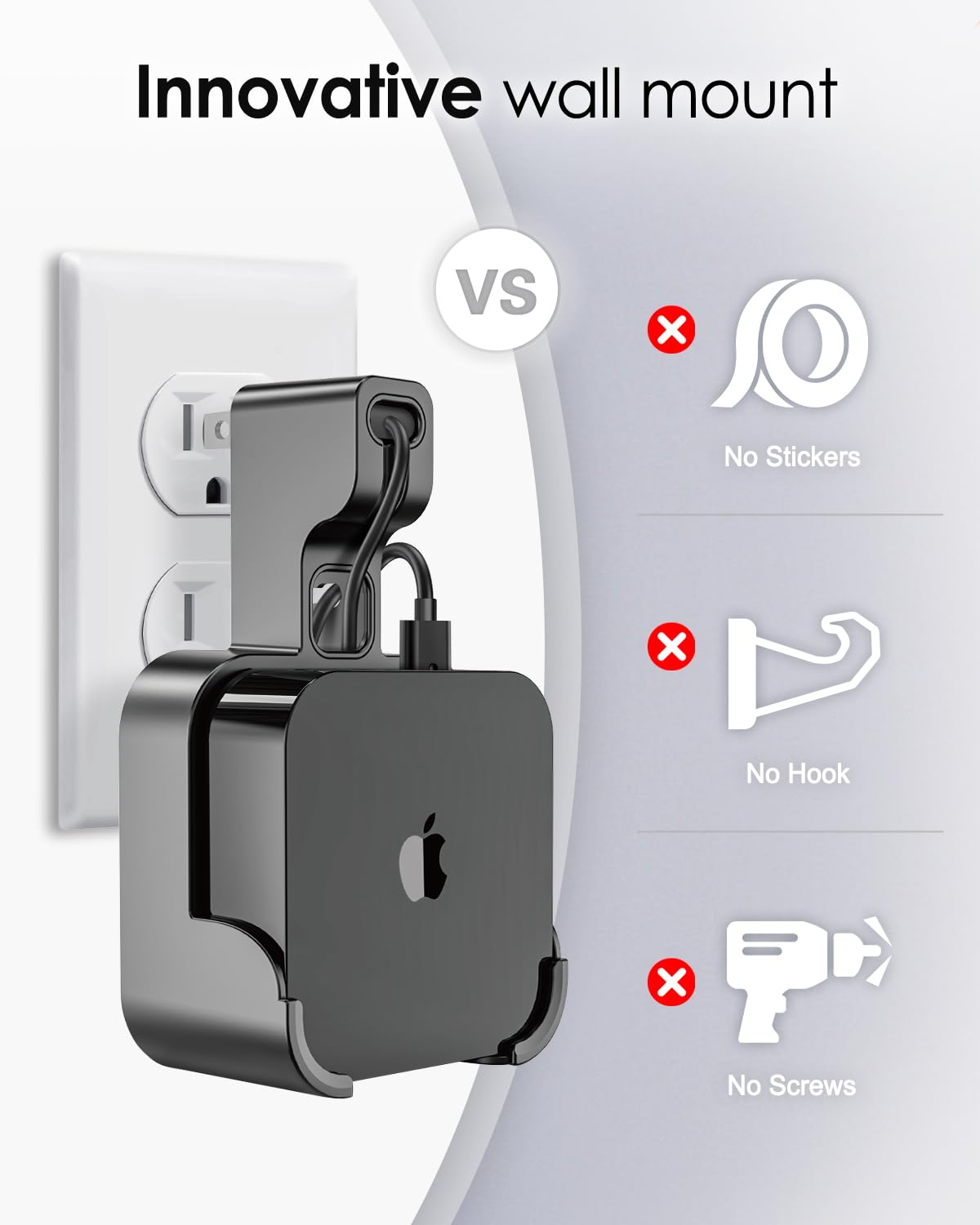 volport Wall Mount Holder Bracket for Apple TV 4k 3rd Generation - Outlet Hanger Stand for Apple-TV 4k+ Gen 3 Built-in Cable Management, Hide & Store Messy Wires, Black