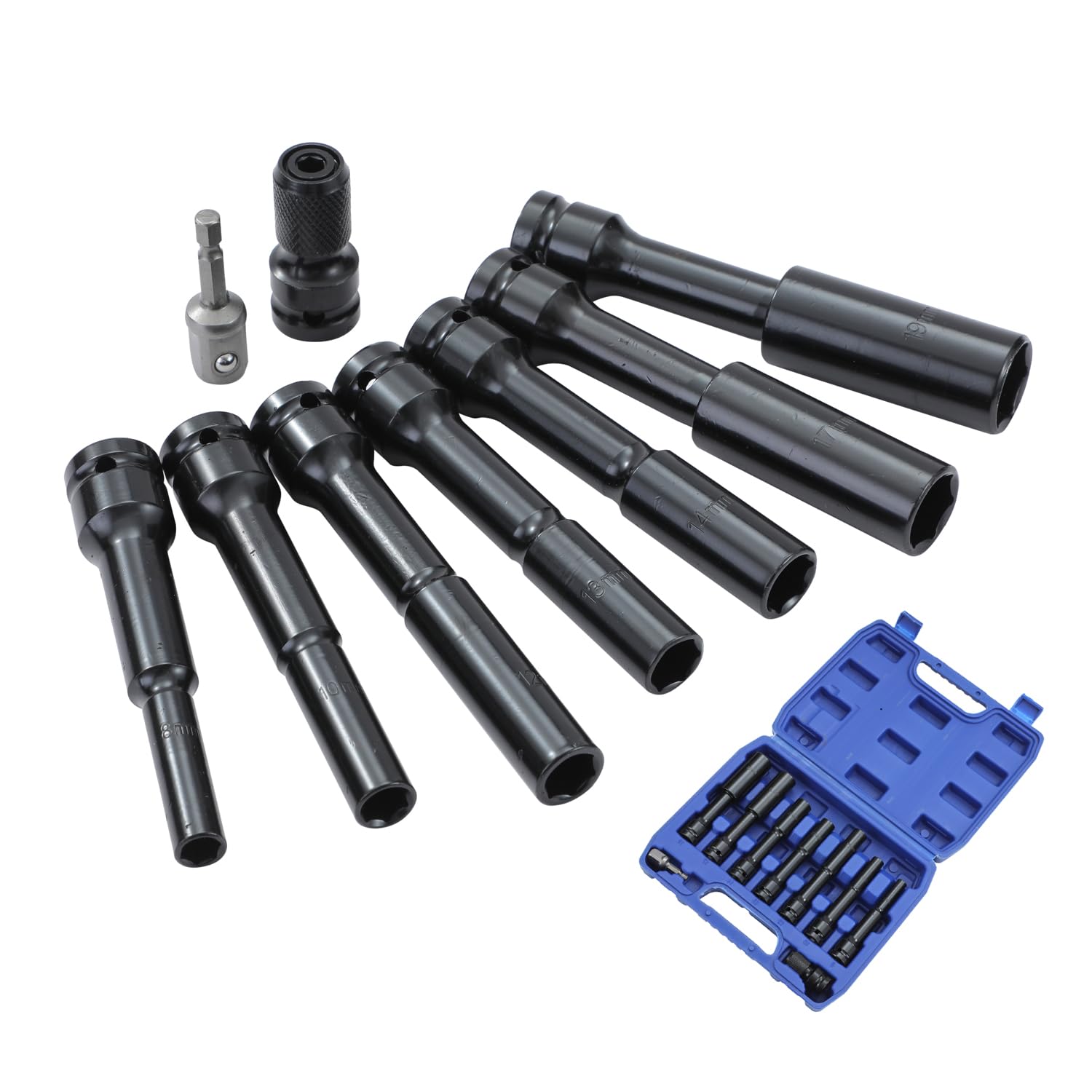 TOPWAY 1/2 Inch Drive Extra Deep Impact Socket Set 9 PCs Extra Long Thin Wall Metric 8-19mm Impact Sockets, Automotive Trucks Tractors Engines Repairing Garage Tool