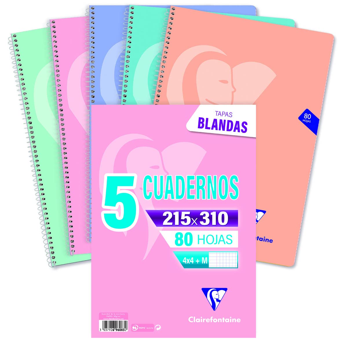 Clairefontaine 696083C Set of 5 Mimesys Spiral Notebooks 21,5,x31cm - 160 Quadruled Pages 4x4 mm w/ Margin - White Paper 90g - Soft Cover Random Pastel Colour