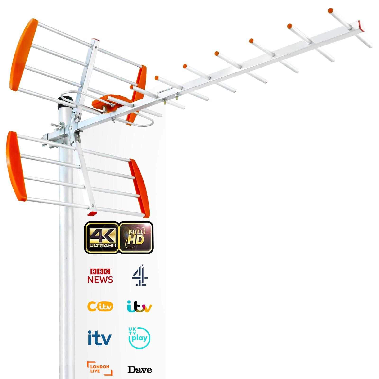 Outdoor TV Aerial - Outdoor Aerial with Strong Signal UK, 4K/1080P Channel Reception for Digital HDTV, UHF/VHF Digital Signal, Attic/Roof Mount (32.8 FT Coax Cable)