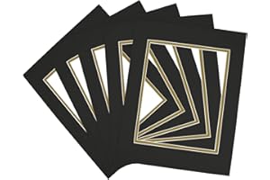 Golden State Art, 11x14 Double Mats for 8x10 - for Photos, Pictures, Frames - Acid-Free, 5 Pack, Black Over Old Gold