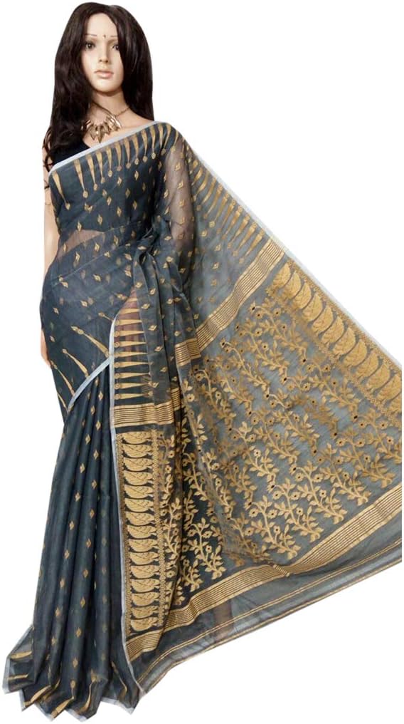 Grey Self Dhaka Jamdani Floral Behula Wedding Saree Indian Formal Sari Handmade Bengal Weavers 138