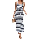 EWFKJ Women's Summer Spaghetti Strap Cami Maxi Dress Striped Side Slit Casual Beach Vacation Sundress