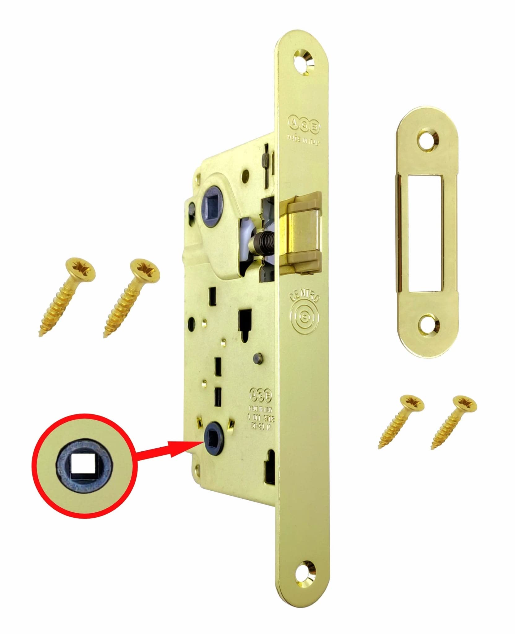 AGB Internal Door Lock Recessed Bathroom Accessory for Bathroom WC series CENTRO (FRONT 22x196, LATCH, BRASS POLISHed)