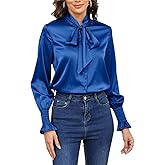 Women's Silk Button Down Blouse Bow Tie Neck Long Sleeve Dressy Elegant Office Work Blouse