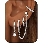 Florideco 4 Pairs Small Hoop Earrings for Women Trendy 14K Gold Plated Chain Drop Earrings Set Hypoallergenic CZ Huggie Hoops Lightweight Cartilage Earring Stacks Women's Jewelry Gifts