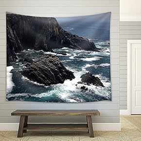 Black Rocks and White Sea Waves - Fabric Wall Tapestry Home Decor - 51x60 inches
