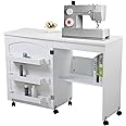 Sardoxx Foldable Sewing Table Versatile Sewing Machine Craft Table with Storage Cabinet Shelves, Lockable Wheels, Adjustable Portable Rolling Sewing Desk for Apartment Small Spaces, White