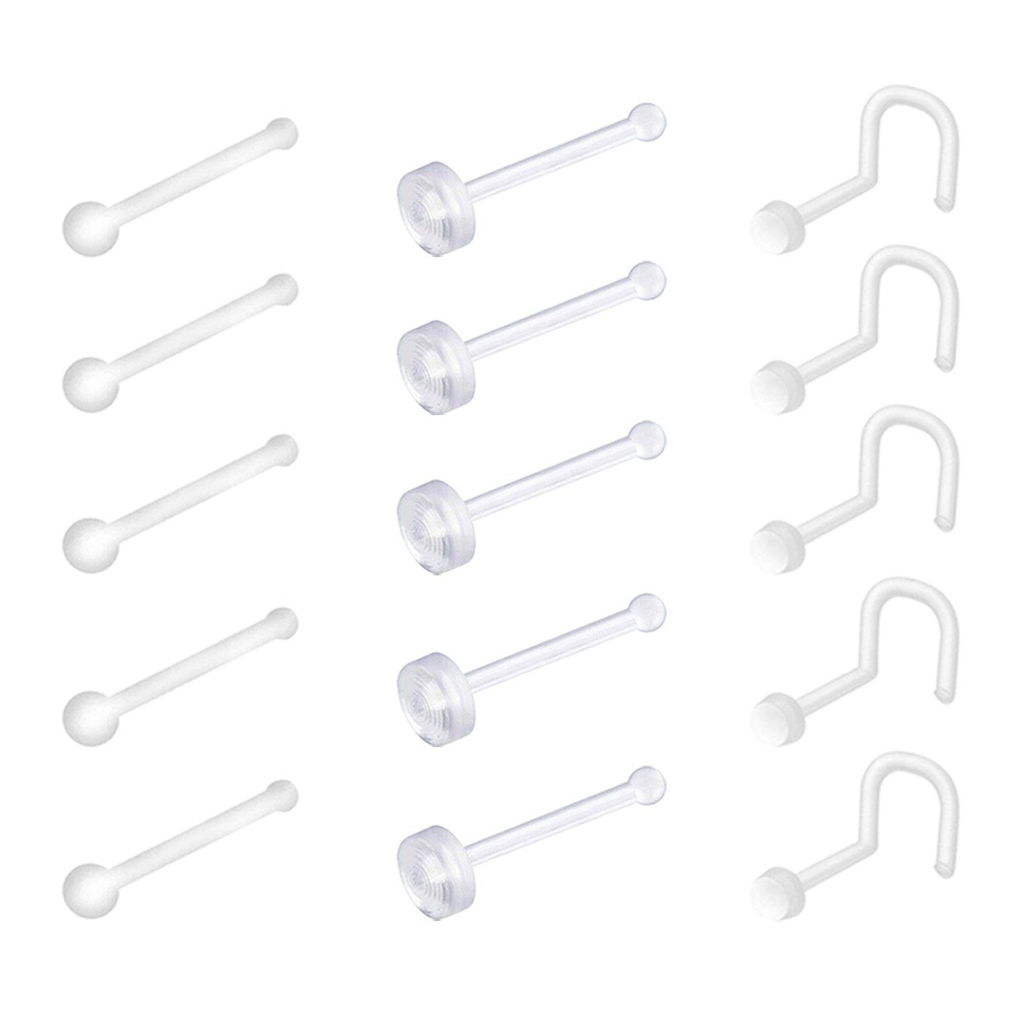 FECTAS Clear Nose Ring Stud Screw Lip Labret Bar Retainer Set 20Gauge Flexible Bioflex Piercing Jewelry