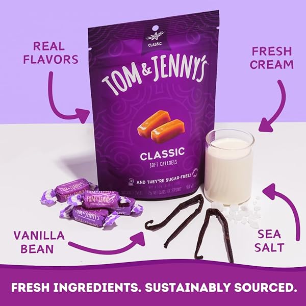 TOM & JENNY’S SUGAR FREE CANDY SOFT CARAMELS INDIVIDUALLY WRAPPED – SEA SALT & VANILLA – LOW NET CARB KETO ZERO SUGAR CANDY WITH ALLULOSE & MALTITOL (CLASSIC CHEWY CARAMELS) 1 PACK