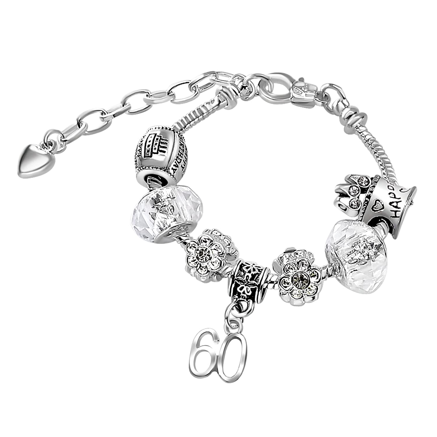 Sparkly Crystal Birthday Charm Bracelet with Silver Gift Box for Women Girls Age 16th 18th 21st 30th 40th 50th 60th 70th 80th