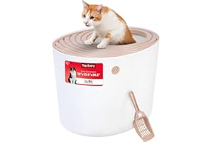 IRIS USA Cat Litter Box, Large Top Entry with Litter Catching Lid and Scoop, Dog Proof, Cat Box Enclosure, Beige/White