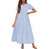 MITILLY Summer Flower Girl Dress Elegant Short Sleeve Crew Neck A-Line Flowy Maxi Dress for Kids with Pockets 6-12 Years