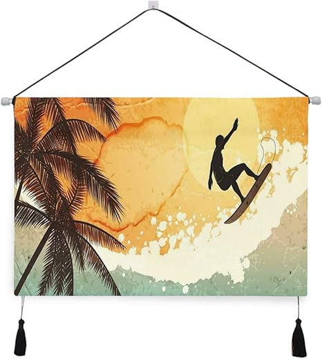 Amazon Co Jp Ecomaomi 壁掛けタペストリー 夕暮れ時の海の波のヤシの木に熱帯の島サーファー おしゃれ壁吊り 多機能ホーム装飾 模様替え モダン ウォールアート 部屋 新居祝い ホーム キッチン
