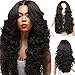 KRSI Long Wavy Curly Synthetic Hair Wigs for Black Women 28Inch Natural Black Wigs With Bangs Heat Resistant None Lace African American Women's Wigs+Free Cap (Black)