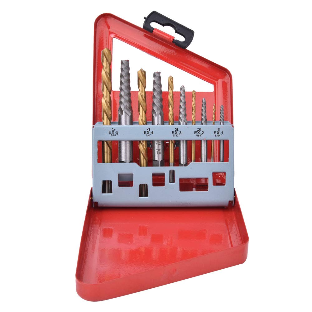 10PCS Screw Extractor Left Hand Drill Bit Set Alloy Steel Broken Bolt Remover 5/64 to 19/64 Inch Coating Drill Bits with Metal Case