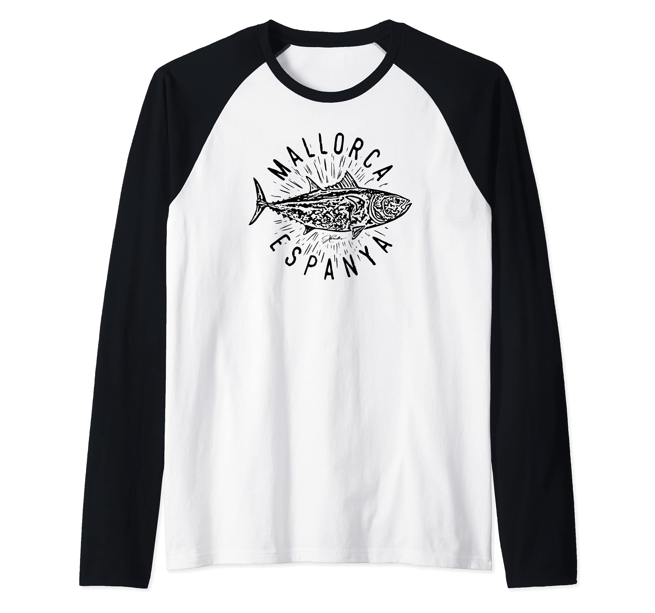 JCombs: Mallorca, Balearic Islands, Spain, Bluefin Tuna Raglan Baseball Tee — image 1