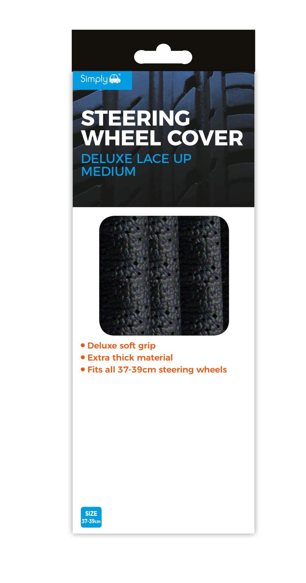 Simply SWC200 Deluxe Lace Up Steering Wheel Cover, Medium 37-39cm,Fits Easily, Comfortable to Drive with, Stop Spinning Through Fingers, Black