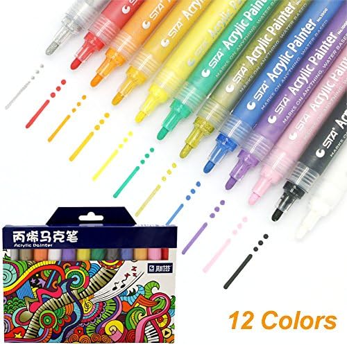 Acrylic Paint Markers Pens Set, YuBoBo 24 Colors Permanent Paint Pens Set Water Based, Medium Point Tip For Kid's Art Class painting on Ceramic Wood Stones,Party Invitation Card DIY (12 Colors)