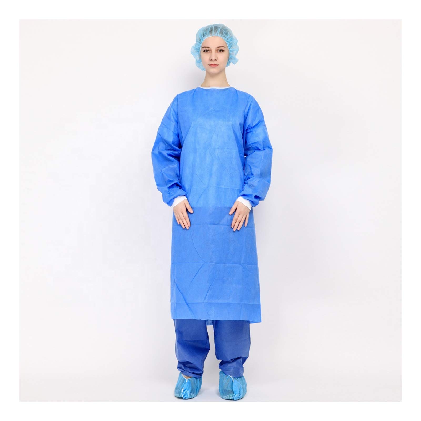 Hygene Disposable Blue Color Level 3 Isolation Gown With Long Sleeves & Knit Elastic Band Cuff Unisex, Spunbound Nonwoven PP+PE Fabric 55GSM, Non Sterile, Resistant to Moisture & Bacterial Penetration