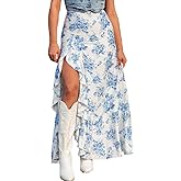 Pinclodly Floral Skirts for Women 2025 Casual High Waisted Wrap Beach Boho Skirt Summer Flowy Ruffle Maxi Skirt with Slit