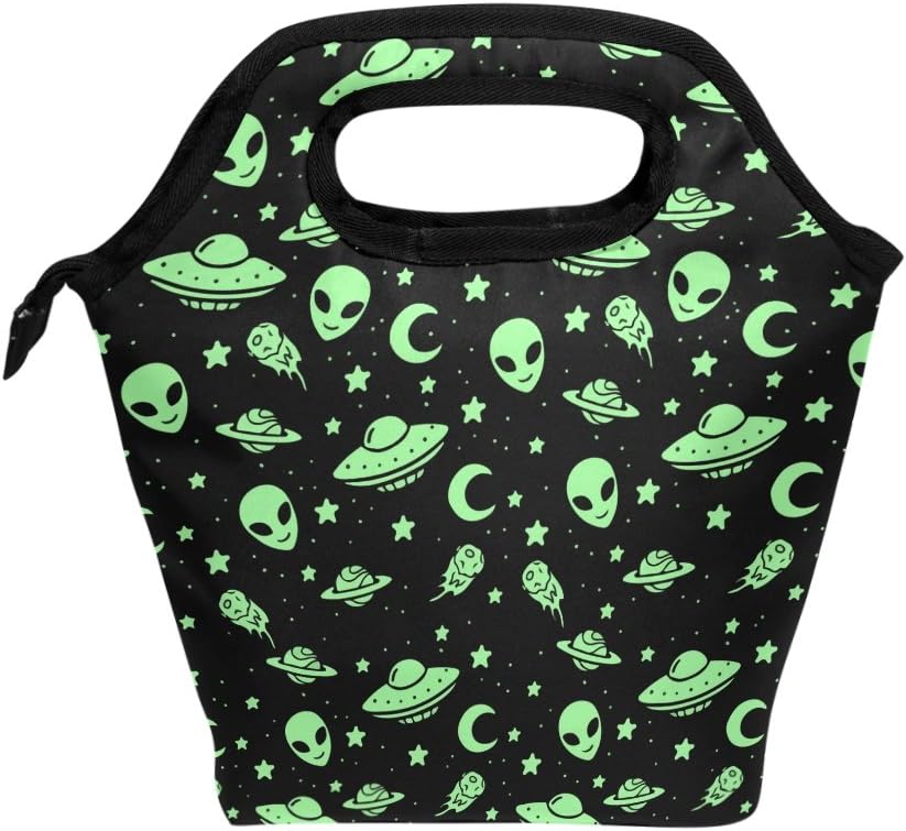 HEOEH Green Alien UFO Moon Lunch Bag Cooler Tote Bag Insulated Zipper Lunch Boxes Handbag for Outdoors School Office