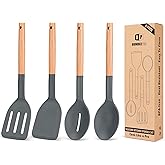 Pack of 4 Silicone Cooking Utensils Set, Non Stick Solid Spatulas and Heat Resistant Slotted Spoons with Wooden Handle, Ideal Wood Kitchen Utensils Set for Frying,Serving,Turning,Stirring (GRAY)