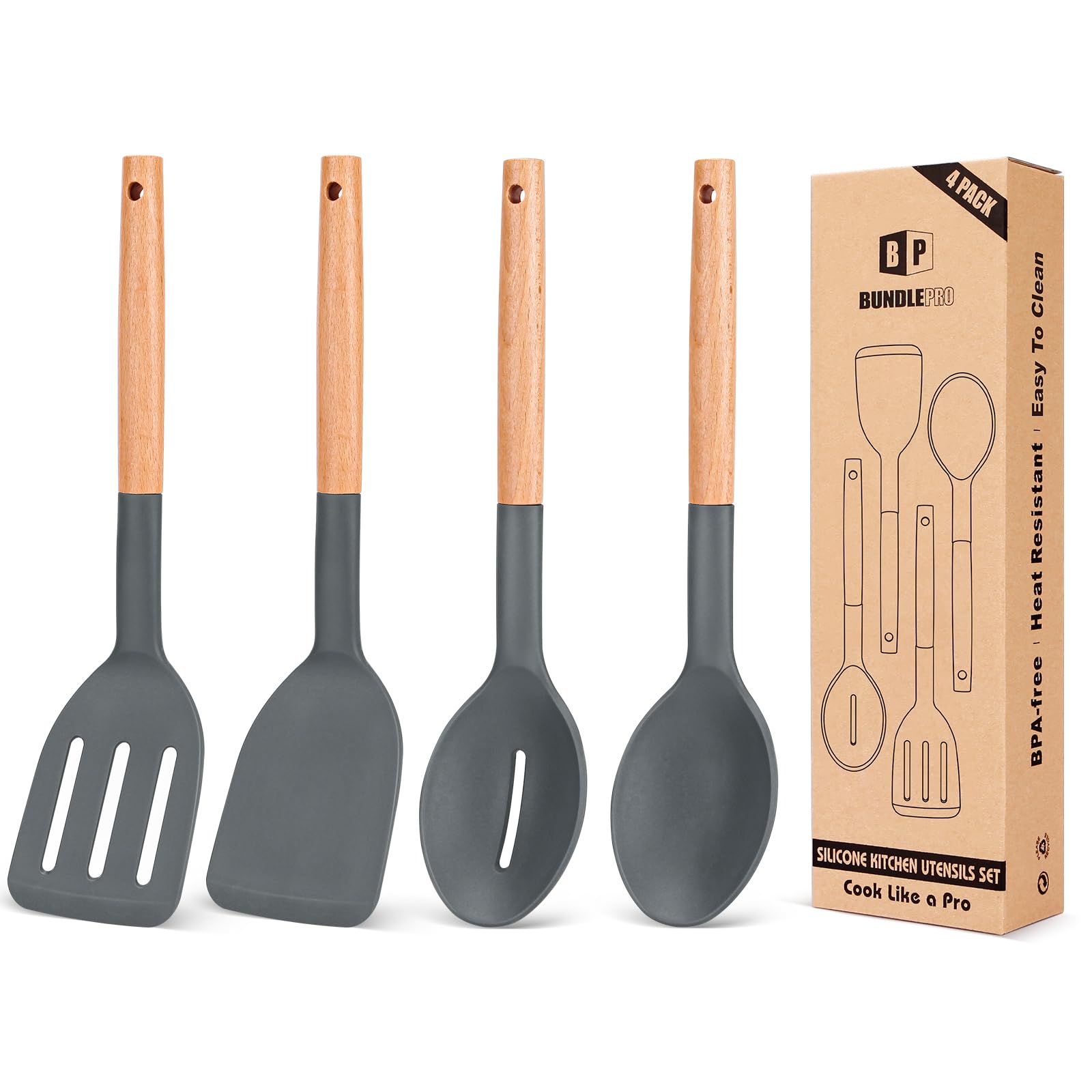 Photo 1 of ***MISSING ALL EXCEPT 1 SPOON*** Pack of 4 Silicone Cooking Utensils Set, Non Stick Solid Spatulas and Heat Resistant Slotted Spoons with Wooden Handle, Ideal Wood Kitchen Utensils Set for Frying,Serving,Turning,Stirring (GRAY)