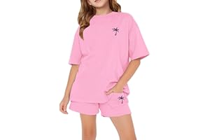 Girls 2 Piece Outfits Floral Graphic Short Sleeve Tops and Shorts Set Kids Summer Outfits Trendy Casual Clothing Short Sets