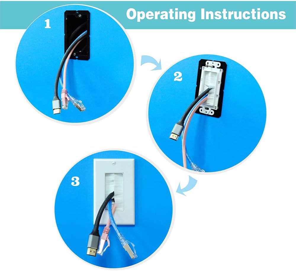 VCE Single Brush Wall Plate with Single Gang Low Voltage Mounting Bracket Cable Pass Through Insert for Wires, Single Gang Cable Access Strap, Wall Socket for HDTV, Home Theater Systems 3 Pack: Electronics