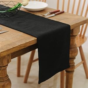 NATUS WEAVER 2 Piece Fabric in 1,Dinning Table Runner 12 x 108 Inches Farmhouse Kitchen Coffee Burlap Table Runner for Holiday Party, Black