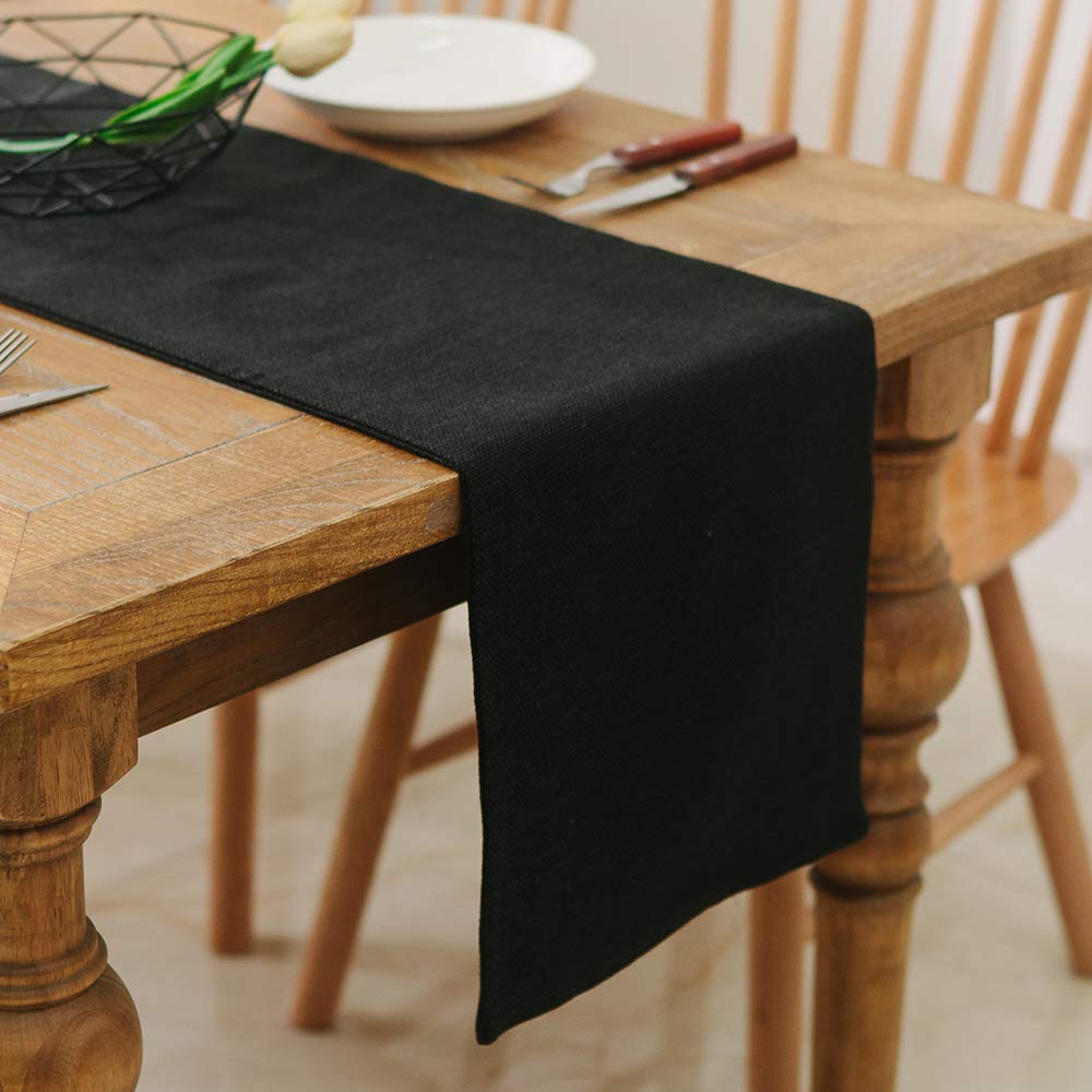 Photo 1 of 2 Piece Fabric in 1,Dinning Table Runner 12 x 108 Inches Farmhouse Kitchen Coffee Burlap Table Runner for Holiday Party, Black