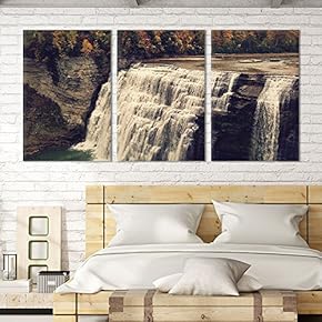 3 Panel Canvas Wall Art - Landscape Waterfall on The Cliff in Mountains - Giclee Print Gallery Wrap Modern Home Art Ready to Hang - 16"x24" x 3 Panels