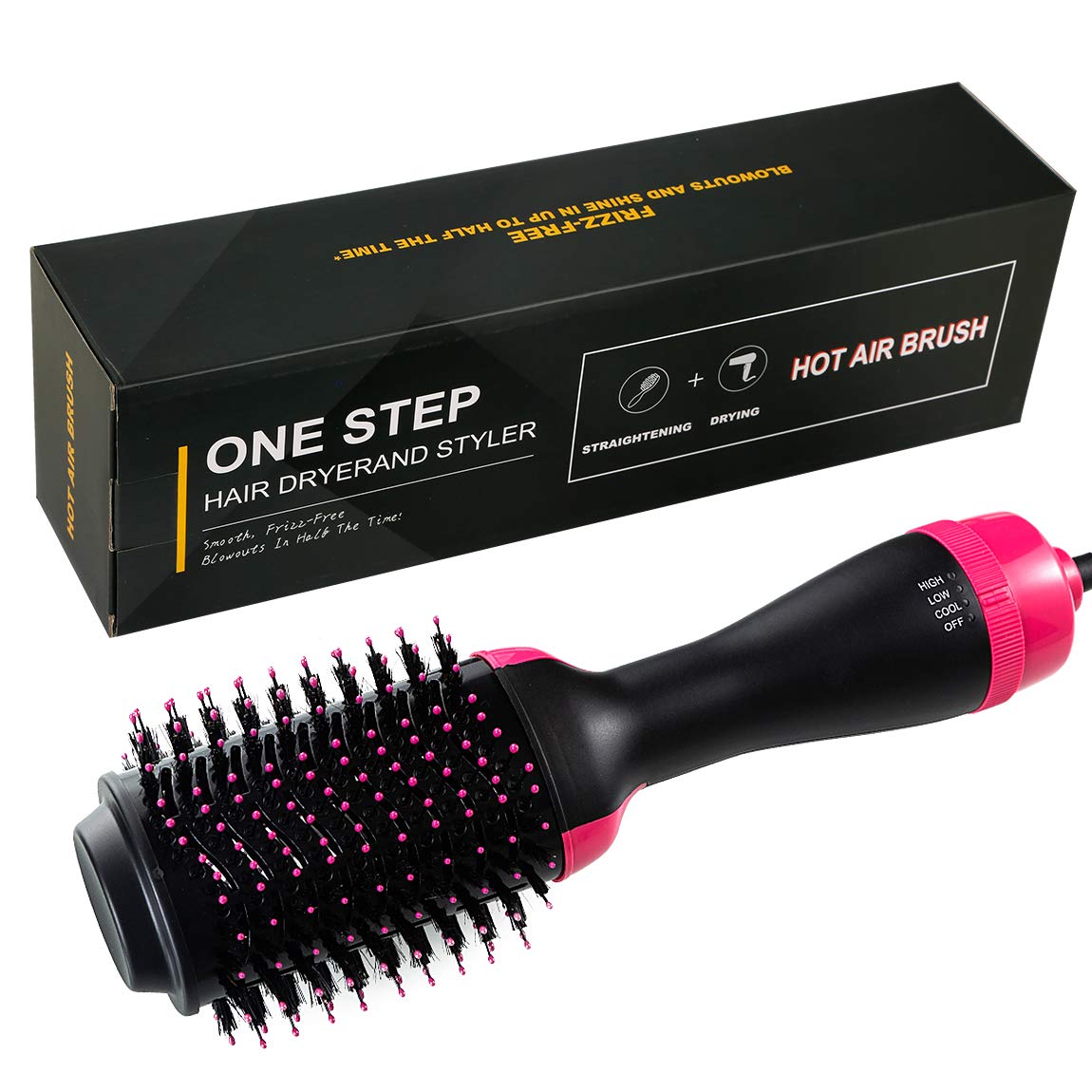 Hair Dryer Brush Hot Air Brush 3 In 1 One Step Hair Dryer & Volumizer Negative Ion Hot Air Blow Dry Brush Upgraded Electric Brush, Dry Straighten & Curl for All Hair Types (pink$black)