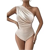OYOANGLE Women's Ruched One Shoulder Sleeveless Slim Fit One Piece Bodysuit Tank Tops